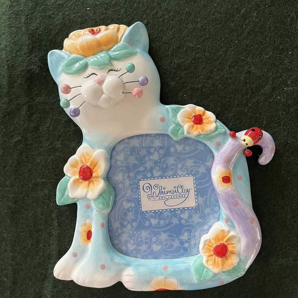 Amy Lacombe Whimsi Clay  Picture Frame Kitty Cat Aha Made you Smile 2006 Vintage